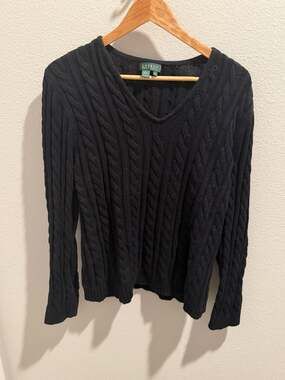 Lauren Ralph Lauren Women's Black Cable Knit Cotton V-Neck Sweater